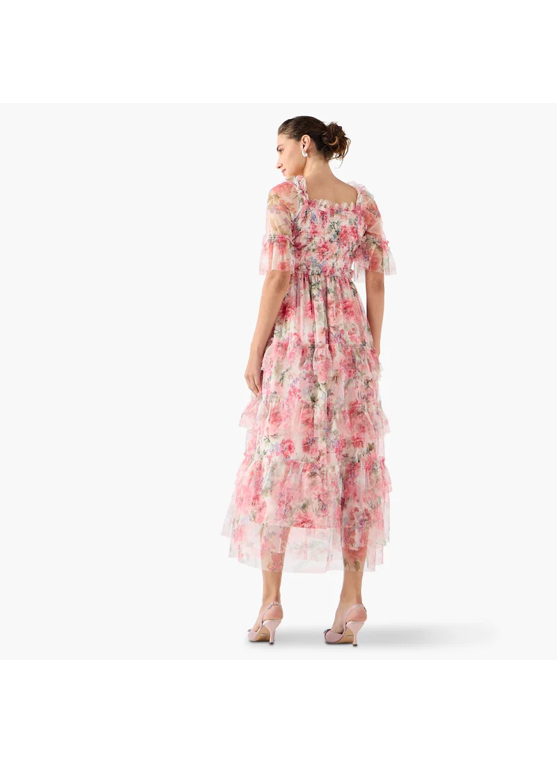 2Xtremz 2Xtremz Floral Print Midi Dress with Ruffle Detail