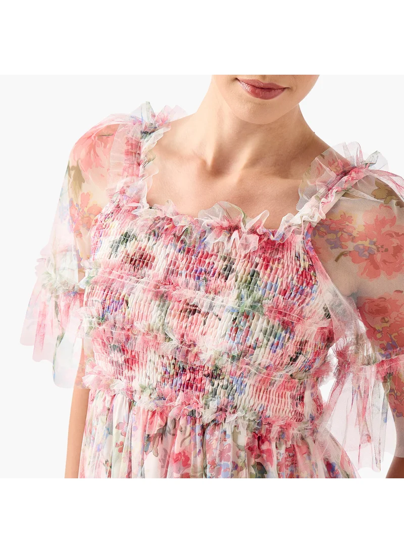 2Xtremz 2Xtremz Floral Print Midi Dress with Ruffle Detail