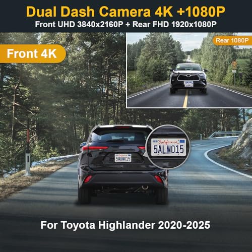 FITCAMX كاميرا داش فيت كام إكس أمامية 4K + خلفية 1080P لسيارة تويوتا هايلاندر 2020-2025 LE Limited L XLE XSE Platinum (الجيل 4/UX70)، مظهر OEM، فيديو مزدوج HD، واي فاي وتطبيق، تسجيل متكرر، حساس G، سهل الإعداد، بطاقة 128GB - Image 2