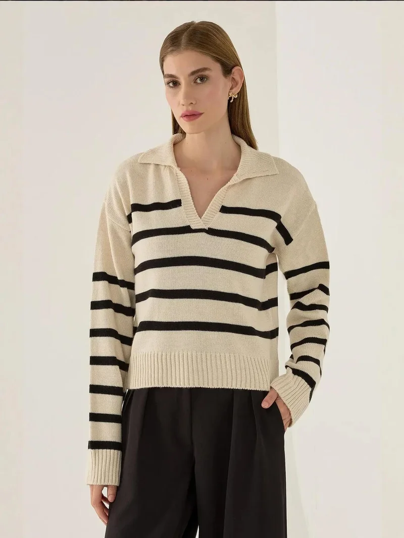 Striped Polo Collar Knit Sweater