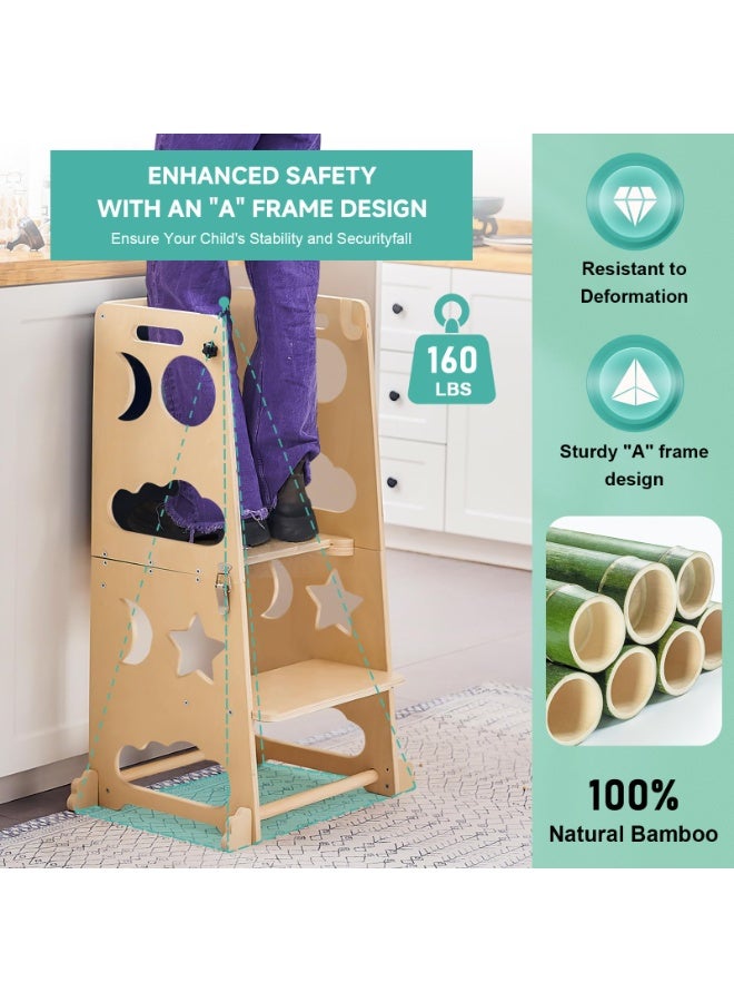 XiuWoo Toddler Standing Tower Toddler 4 in 1 Kitchen Stool Helper, Collapsible Kids Step Stool, Child Standing Tower for Toddlers 1-3 with Safety Rails - Image 3