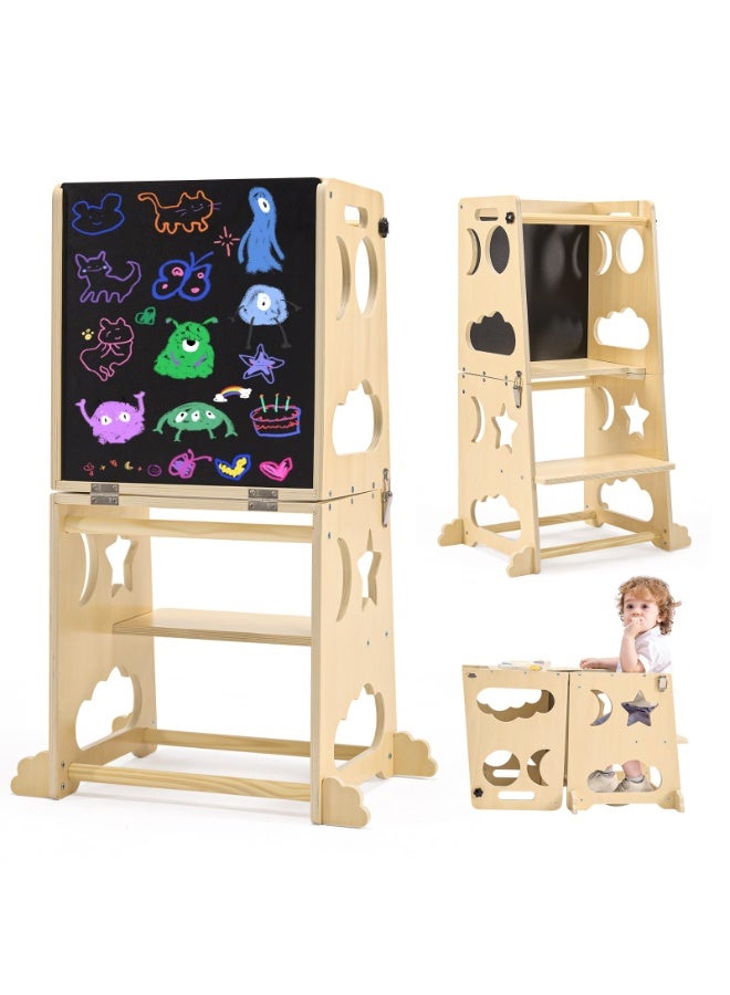 XiuWoo Toddler Standing Tower Toddler 4 in 1 Kitchen Stool Helper, Collapsible Kids Step Stool, Child Standing Tower for Toddlers 1-3 with Safety Rails - Image 1