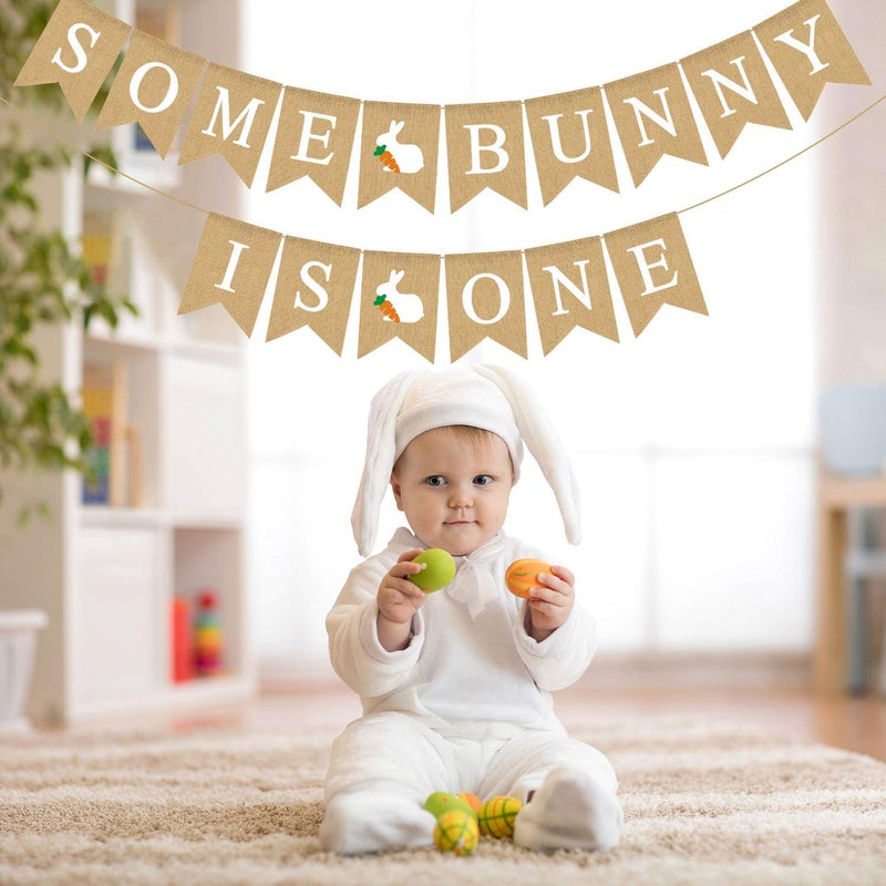 Rainlemon Jute Burlap Some Bunny Is One Banner Easter Spring Boy Girl 1st Birthday Party Decoration Supply - Image 3