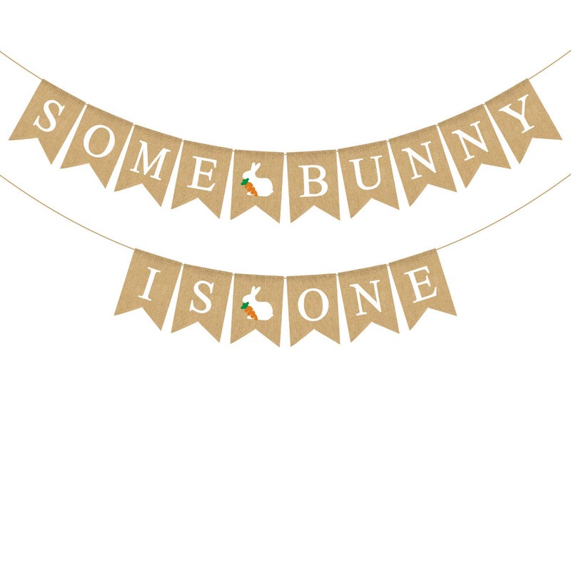 Rainlemon Jute Burlap Some Bunny Is One Banner Easter Spring Boy Girl 1st Birthday Party Decoration Supply - Image 1