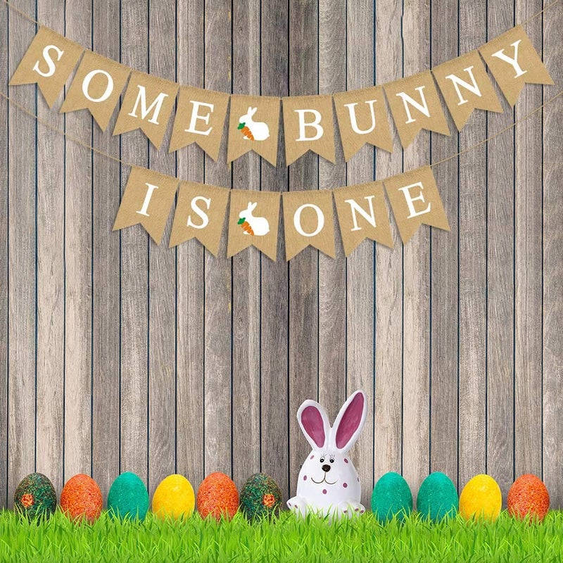 Rainlemon Jute Burlap Some Bunny Is One Banner Easter Spring Boy Girl 1st Birthday Party Decoration Supply - Image 5