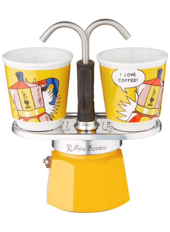 BIALeTTI Bialetti - Mini Express Lichtenstein  Moka Set includes Coffee Maker 2-Cup  2.8 Oz    2 shot glasses  Yellow  Aluminium  - Image 1