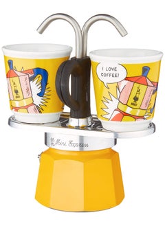 BIALeTTI Bialetti - Mini Express Lichtenstein  Moka Set includes Coffee Maker 2-Cup  2.8 Oz    2 shot glasses  Yellow  Aluminium  - Image 2