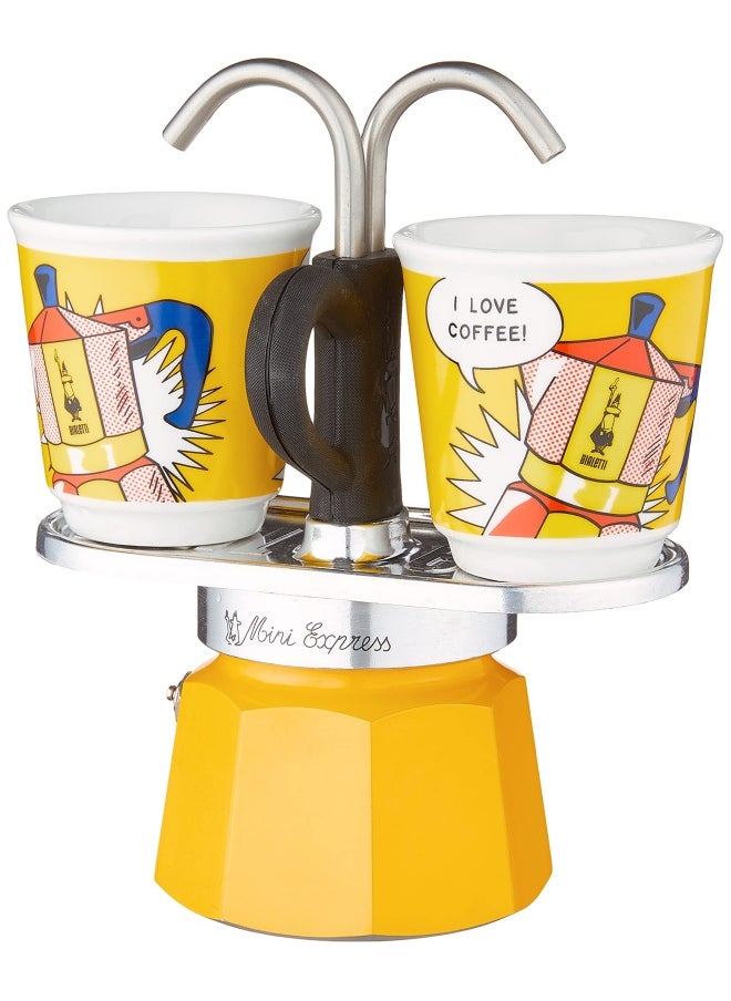 BIALeTTI Bialetti - Mini Express Lichtenstein  Moka Set includes Coffee Maker 2-Cup  2.8 Oz    2 shot glasses  Yellow  Aluminium  - Image 2