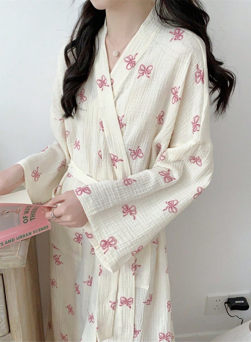 Women’s Soft Polyester Robe with Pink Butterfly Design – Elegant and Comfortable Homewear - Image 1