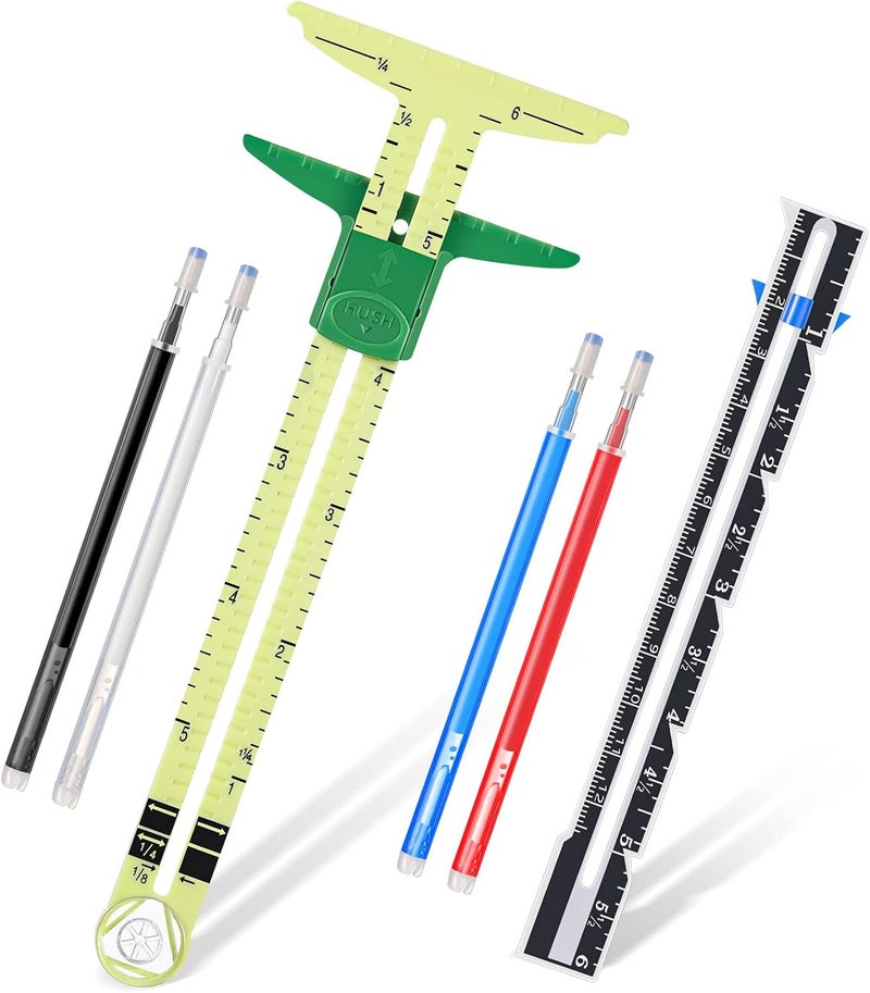 TOODOO 2 Pieces TShaped Sliding Gauge Measuring Sewing Tool 5in1 Sliding Gauge Measuring Sewing Ruler Tool Fabric Quilting Ruler with 4 Colors Heat Erase Pens for Knitting Crafting Marking Button Holes - Image 1