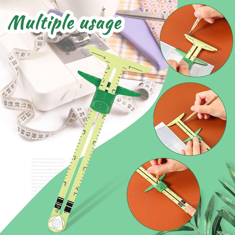 TOODOO 2 Pieces TShaped Sliding Gauge Measuring Sewing Tool 5in1 Sliding Gauge Measuring Sewing Ruler Tool Fabric Quilting Ruler with 4 Colors Heat Erase Pens for Knitting Crafting Marking Button Holes - Image 3