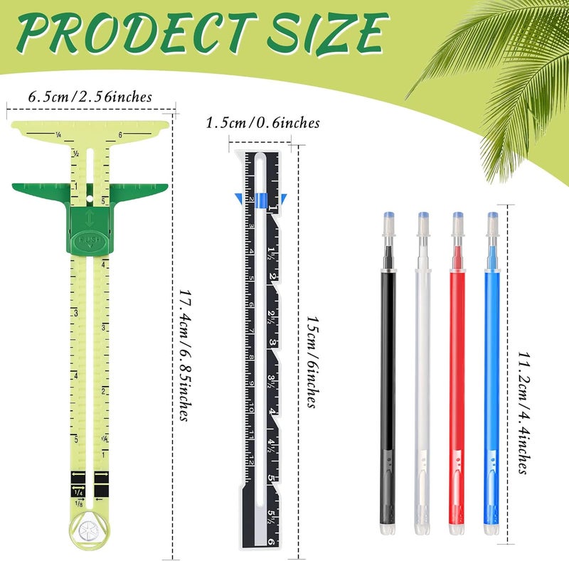 TOODOO 2 Pieces TShaped Sliding Gauge Measuring Sewing Tool 5in1 Sliding Gauge Measuring Sewing Ruler Tool Fabric Quilting Ruler with 4 Colors Heat Erase Pens for Knitting Crafting Marking Button Holes - Image 2