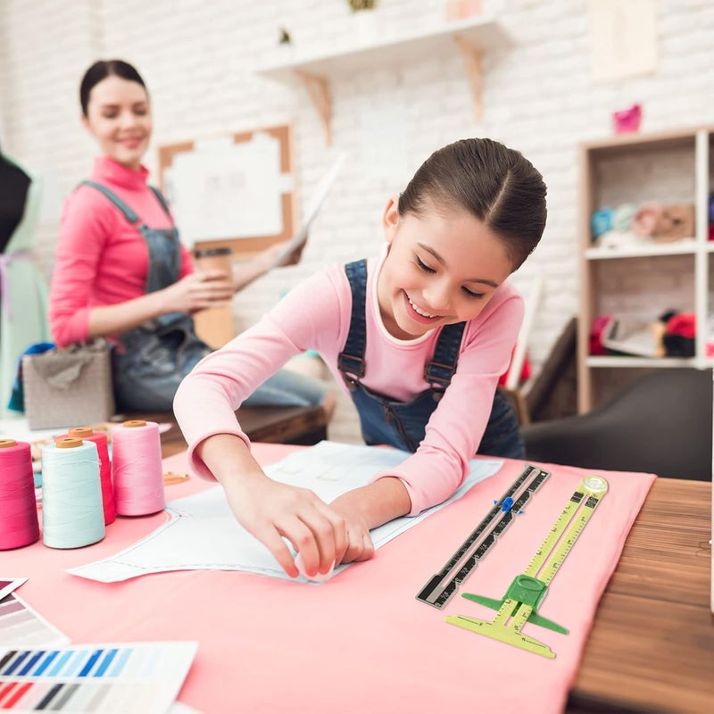 TOODOO 2 Pieces TShaped Sliding Gauge Measuring Sewing Tool 5in1 Sliding Gauge Measuring Sewing Ruler Tool Fabric Quilting Ruler with 4 Colors Heat Erase Pens for Knitting Crafting Marking Button Holes - Image 5