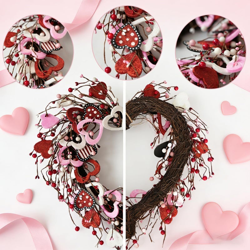 Egolot Valentineâ€™s Day Heart Shaped Wreath for Front Door, 20 Inch Pink Red Glitter Heart Wreath with Berries for Indoor Outdoor, Valentine Wreaths for Wedding Doors, Windows, Walls - Image 2