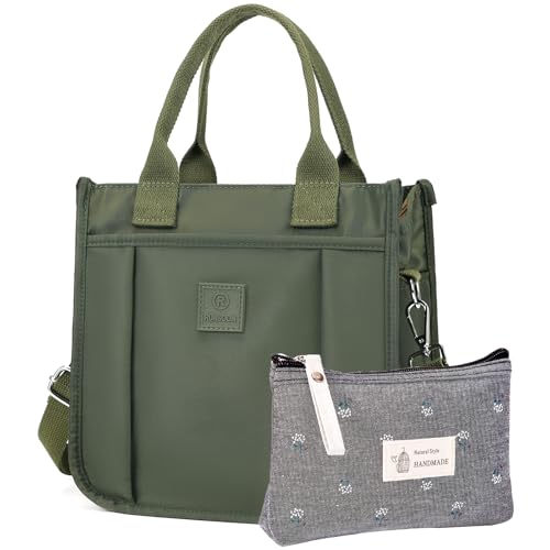 RUNSOON Small Tote Bag Cute Nylon Crossbody Bag Satchel Handbags Top-handle Purse With Multi Pockets Zipper Compartment for Women, Army Green - Image 1