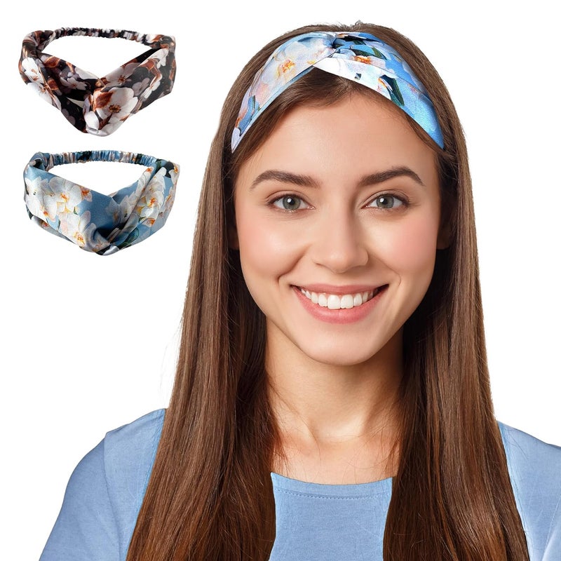 Silvr Bear Luxury Satin Hairband | Pack of 2 | Aesthetic Turban Hairband Korean Style Twisted Cross Knot Head Band for Women | Fabric Elastic hair band for women (Floral Orchids For Women & Teens) - Image 1