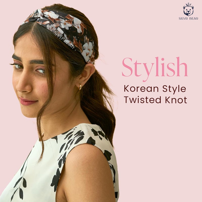 Silvr Bear Luxury Satin Hairband | Pack of 2 | Aesthetic Turban Hairband Korean Style Twisted Cross Knot Head Band for Women | Fabric Elastic hair band for women (Floral Orchids For Women & Teens) - Image 5
