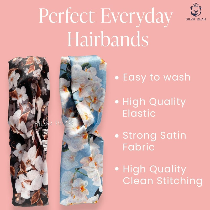 Silvr Bear Luxury Satin Hairband | Pack of 2 | Aesthetic Turban Hairband Korean Style Twisted Cross Knot Head Band for Women | Fabric Elastic hair band for women (Floral Orchids For Women & Teens) - Image 2