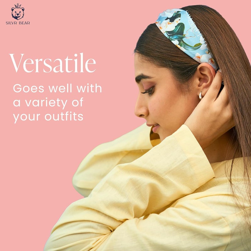 Silvr Bear Luxury Satin Hairband | Pack of 2 | Aesthetic Turban Hairband Korean Style Twisted Cross Knot Head Band for Women | Fabric Elastic hair band for women (Floral Orchids For Women & Teens) - Image 4