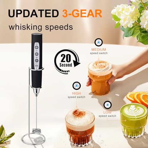 YUSWKO Black Handheld Milk Frother Wand with Stand for Coffee, Rechargeable Electric Whisk with 3 Heads 3 Speeds Drink Mixer Coffee Frother For Latte, Cappuccino, Hot Chocolate, Egg - Image 3
