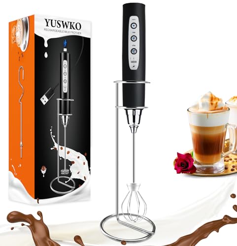 YUSWKO Black Handheld Milk Frother Wand with Stand for Coffee, Rechargeable Electric Whisk with 3 Heads 3 Speeds Drink Mixer Coffee Frother For Latte, Cappuccino, Hot Chocolate, Egg - Image 1