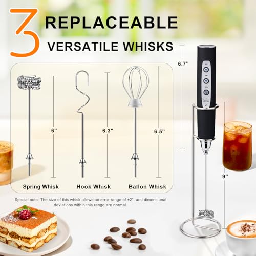 YUSWKO Black Handheld Milk Frother Wand with Stand for Coffee, Rechargeable Electric Whisk with 3 Heads 3 Speeds Drink Mixer Coffee Frother For Latte, Cappuccino, Hot Chocolate, Egg - Image 4