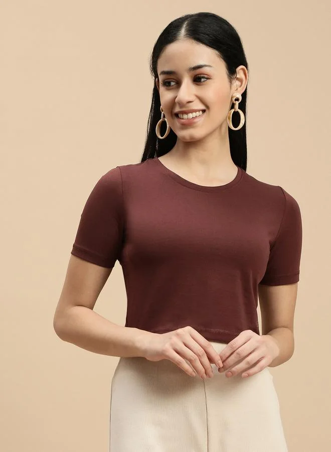 ECOLORE Brown Solid Short Sleeves Crop Top