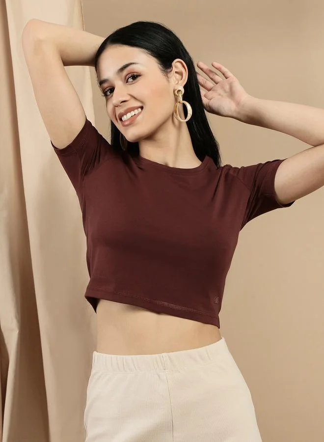 ECOLORE Brown Solid Short Sleeves Crop Top