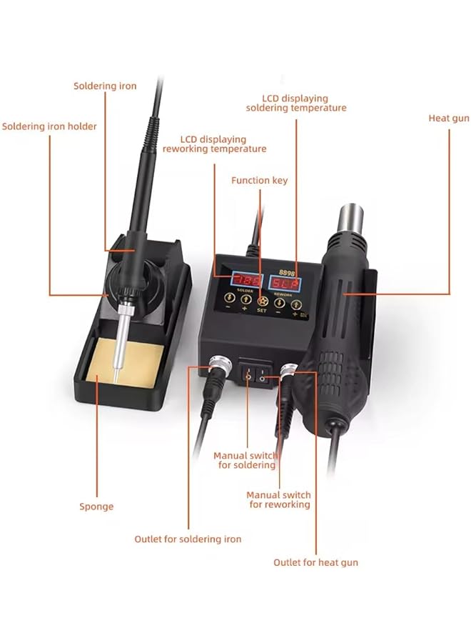 erorex Soldering Iron Iron Gun High Quality Soldering Station Dual Screen Led Digital Solder Iron Desoldering Station Bga Rework Solder Station Hot Air Gun + Electric Iron Set 8898 British Soldering Kit - Image 5