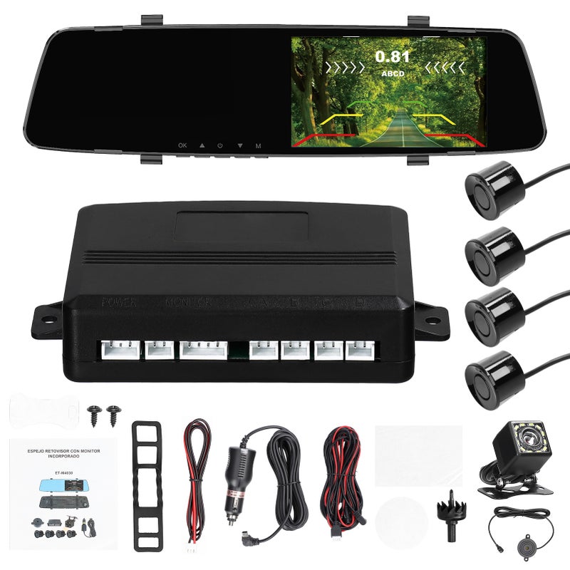 1080P DVR Dash Camera with 4 Parking Sensor Reverse Radars Front & Rear Dual Camera Driving Recorder with 4.3 Inch Screen Support Night-Vision/Motion Detection/Collision Locking/Loop Recording/Reverse Image/Multi-Language - Image 1