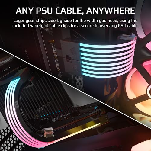 CORSAIR iCUE ARGB PSU Cable Strips – 2X 200mm LED Strips – 100 RGB LEDs Per Strip – Fits Any PSU Cable – Motherboard 5V ARGB Control – Black - Image 4