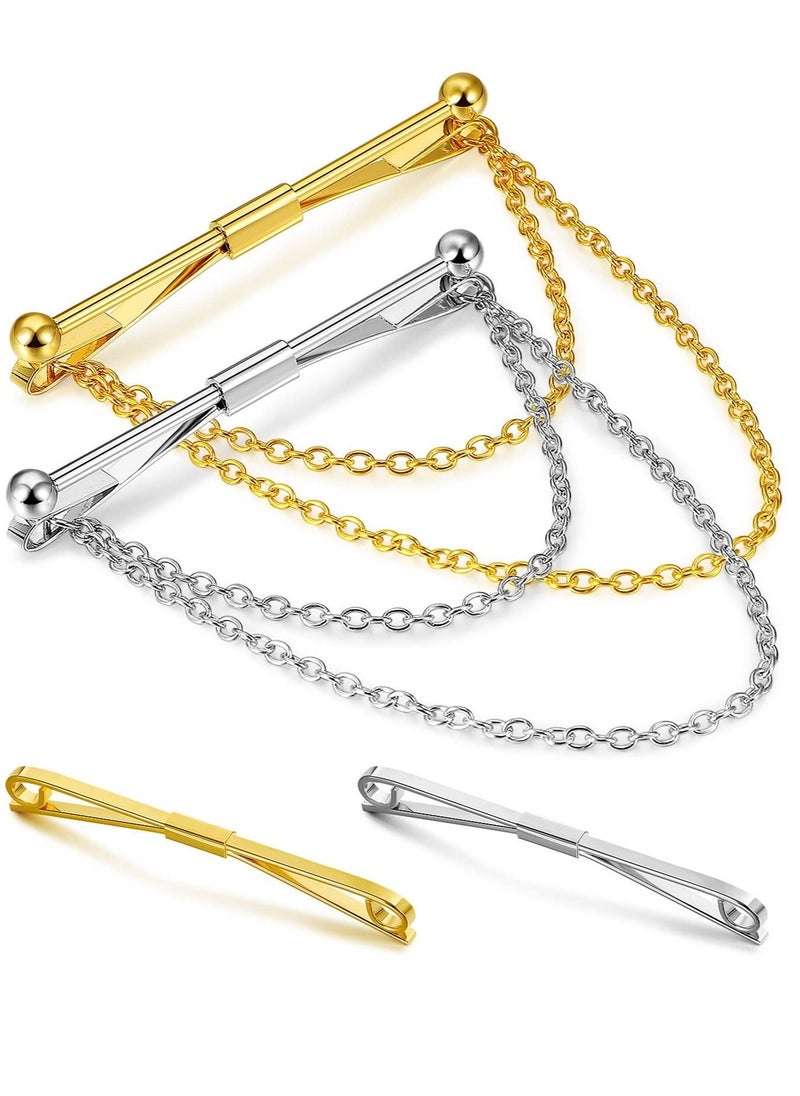 Captaintech Tie Bar Pin Set Men's Classic Shirt Tie Clips Silver and Gold Tone Tie Clips - 4 Pcs with Chain Fringe Tie Pins Tie Chains for Men's Tuxedo for Wedding Anniversary Business and Everyday Use  - Image 1
