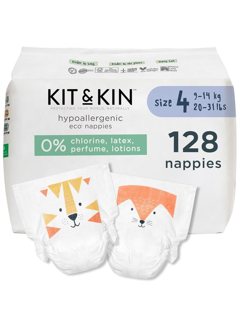 Kit & Kin Premium Eco-Friendly & Sustainable Baby Diapers Size 4, 10-17 Kg (4-Pack | 128 Counts) Flash Dry Superior Leak Protection Disposable Diapers | Hypoallergenic Skin Protection Diapers Size 4