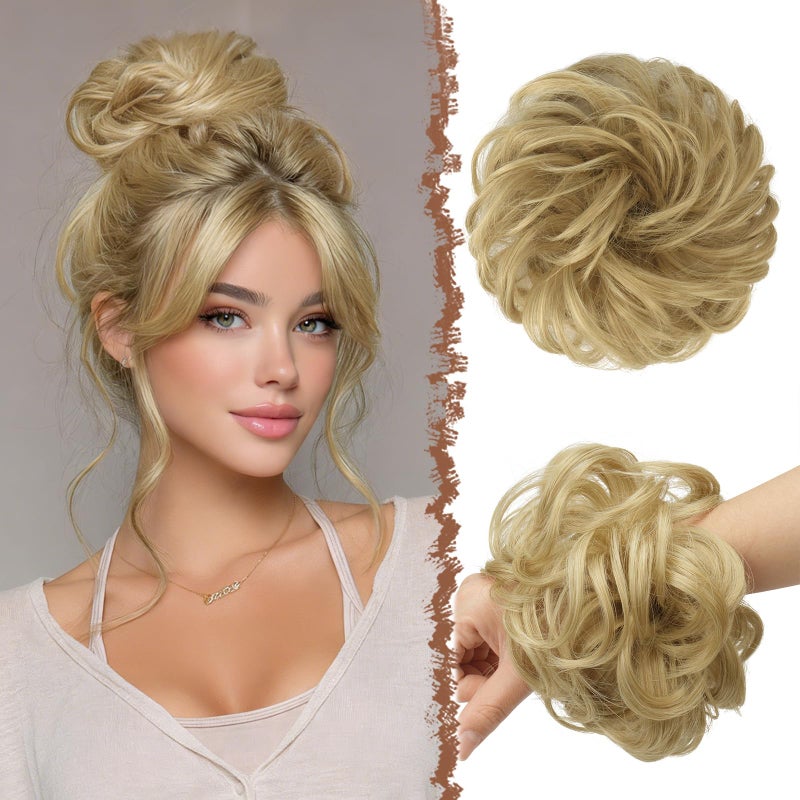 FESHFEN Large Messy Bun Hair Piece Wavy Synthetic Chignon Scrunchies Elastic Ponytail Hair Extensions Thick Hairpieces for Women Golden Blonde 194oz - Image 2