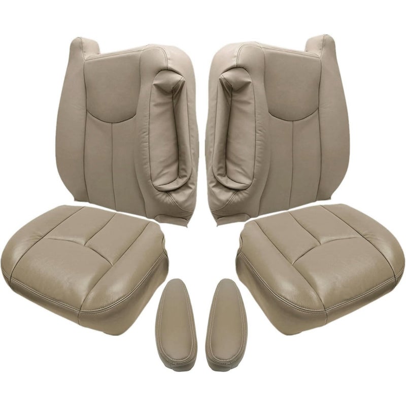 NLQR #522/52i Med Tan Driver & Passenger Bottom & Top Lean Back Replacement Leather Seat Covers & Armrests fit for Chevy Silverado Tahoe Suburban Avalanche GMC Yukon Sierra 1500 2500 3500 HD 2003-2007 - Image 1