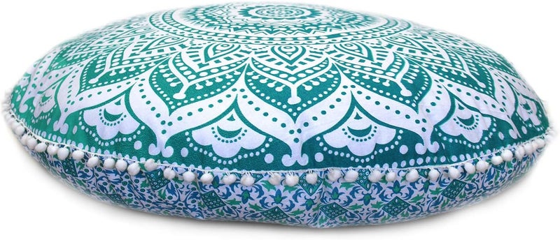 CRAFT KALA كالا كرافت 32 بوصة غطاء وسادة أرضية للتأمل، غطاء وسادة مستديرة للجلوس، وسادة ديكورية هيبي للبالغين، غطاء وسادة ماندالا بوهيمية، غطاء وسادة عثمانية رمي لغرفة المعيشة الخارجية، (أومبري أخضر) - Image 1