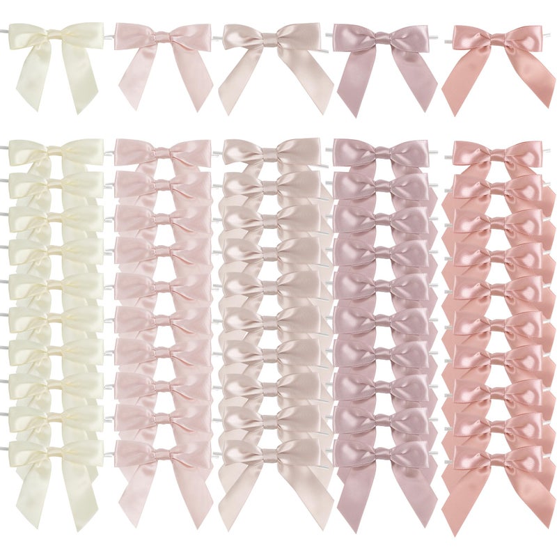 AIMUDI 5 Colors Dusty Rose Twist Tie Bows 35 Premade Satin Ribbon Bows for Gift Wrapping PreTied Rose Pink Bows for Crafts Wedding Decor Baby Shower Birthday Bridal Shower Favors  50 Counts