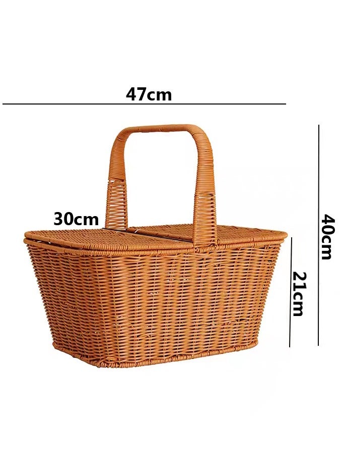 LINGWEI Wicker Picnic Basket with Double Lid and Handle Natural Study Wicker Basket Vintage-Style Woven Basket 47x40x30cm - Image 3