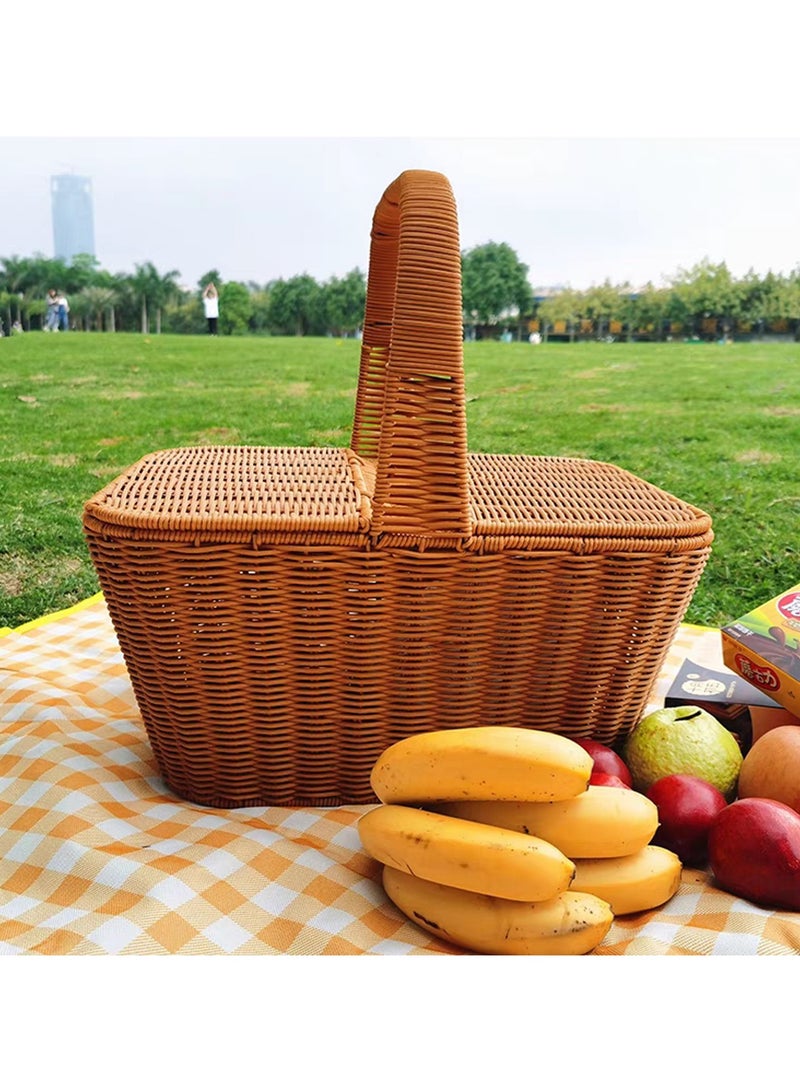 LINGWEI Wicker Picnic Basket with Double Lid and Handle Natural Study Wicker Basket Vintage-Style Woven Basket 47x40x30cm - Image 4
