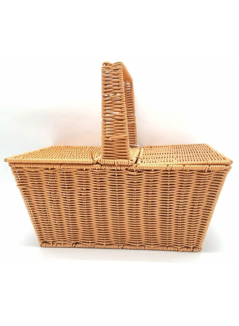 LINGWEI Wicker Picnic Basket with Double Lid and Handle Natural Study Wicker Basket Vintage-Style Woven Basket 47x40x30cm - Image 5
