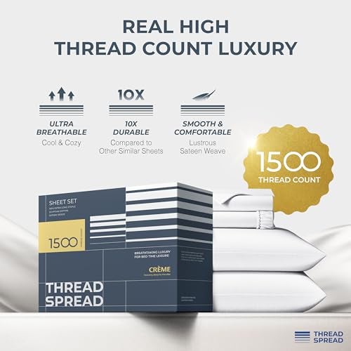 THREAD SPREAD مجموعة ملاءات سرير كينغ من قطن مصري 100% - ملاءات قطن مصري فاخرة بوزن 1500 خيط، ناعمة كالحرير، تبريد، نسج ساتين بعمق 17 بوصة - أبيض - Image 2