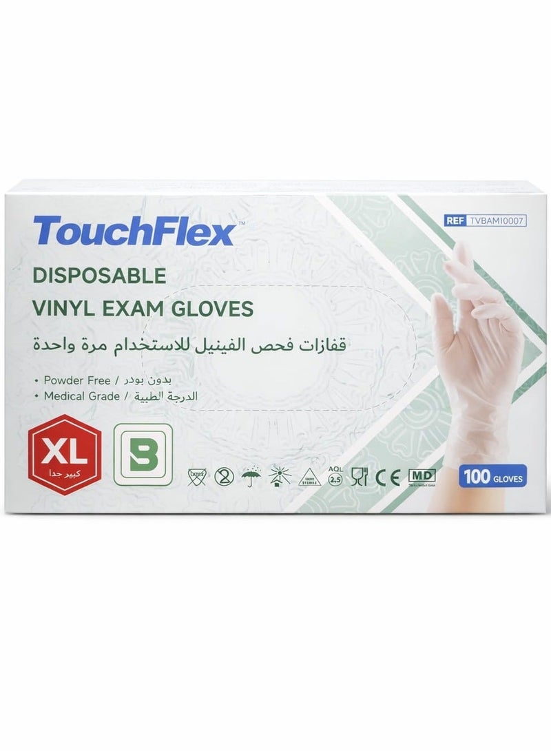 TouchFlex Disposable Vinyl Exam Gloves Extra Large Powder Free, Latex Free Medical Grade Protective Gloves for Medical, Cleaning & Food Handling Box of 100 - Image 2
