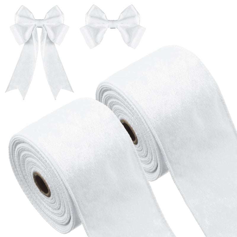 2 Rolls 25 Inch 10 Yards Christmas Velvet Ribbon Single Face Christmas Plain Velvet Ribbon for Gift Wrapping Crafts Xmas Wreath Tree DecorWhite