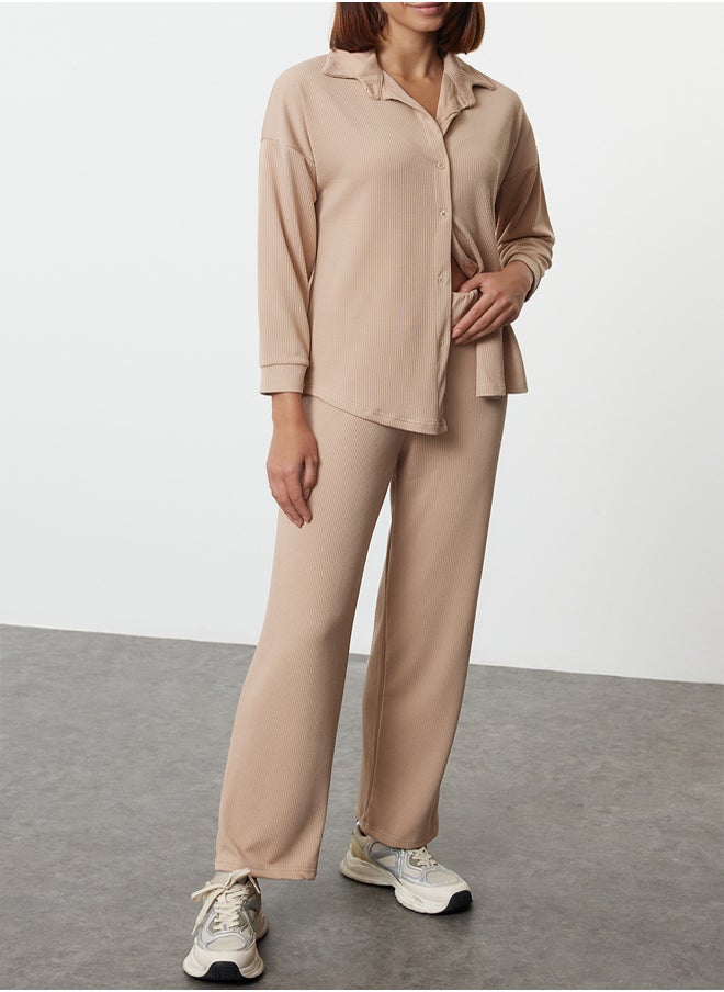 trendyol Beige Relaxed/Comfortable Cut Brushed Flexible Knitted Bottom-Top Set TWOAW25AU00103  - Image 1