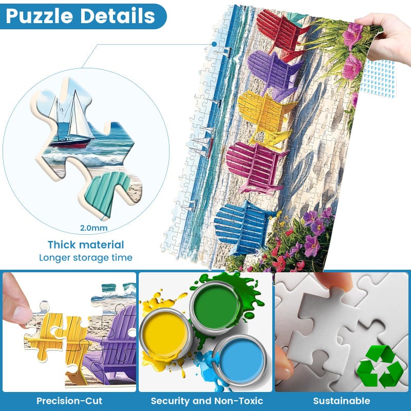 Nitktaia 500 Piece Puzzles for Adults,Hawaiian Beach Rainbow Chair Puzzle for Adults Seniors,Recycled Paper Colorful Summer Sailboat Scene Jigsaw Puzzle,Challenging for Friends Men Women,20.5 * 15In - Image 3