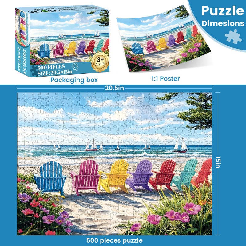 Nitktaia 500 Piece Puzzles for Adults,Hawaiian Beach Rainbow Chair Puzzle for Adults Seniors,Recycled Paper Colorful Summer Sailboat Scene Jigsaw Puzzle,Challenging for Friends Men Women,20.5 * 15In - Image 5