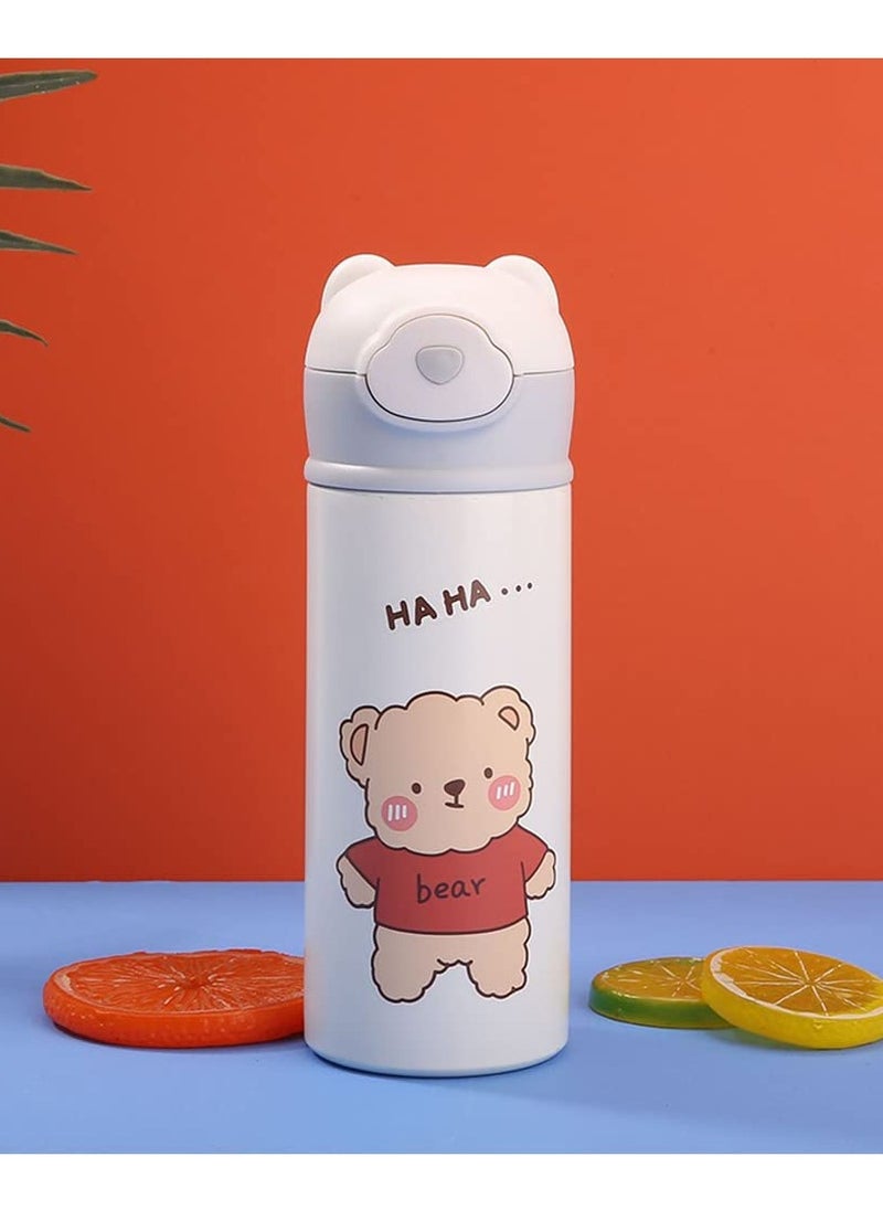 KASTWAVE - Water Bottle With Straw Bear Thermoses for Kids, Thermal Insulated Cups for Hot and Cold Drinks, BPA Free Stainless Steel Leak-proof Flask for Boys and Girls School Indoor Outdoor Sports(15 oz White) - Image 1