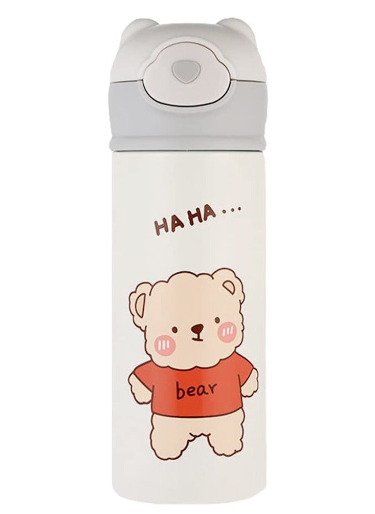 KASTWAVE - Water Bottle With Straw Bear Thermoses for Kids, Thermal Insulated Cups for Hot and Cold Drinks, BPA Free Stainless Steel Leak-proof Flask for Boys and Girls School Indoor Outdoor Sports(15 oz White) - Image 1