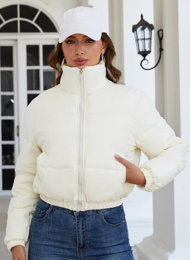 Gihuo Women's Cropped Puffer Jacket Zip Up Winter Short Quilted Jackets Bubble Coat, Beige, L - Image 3