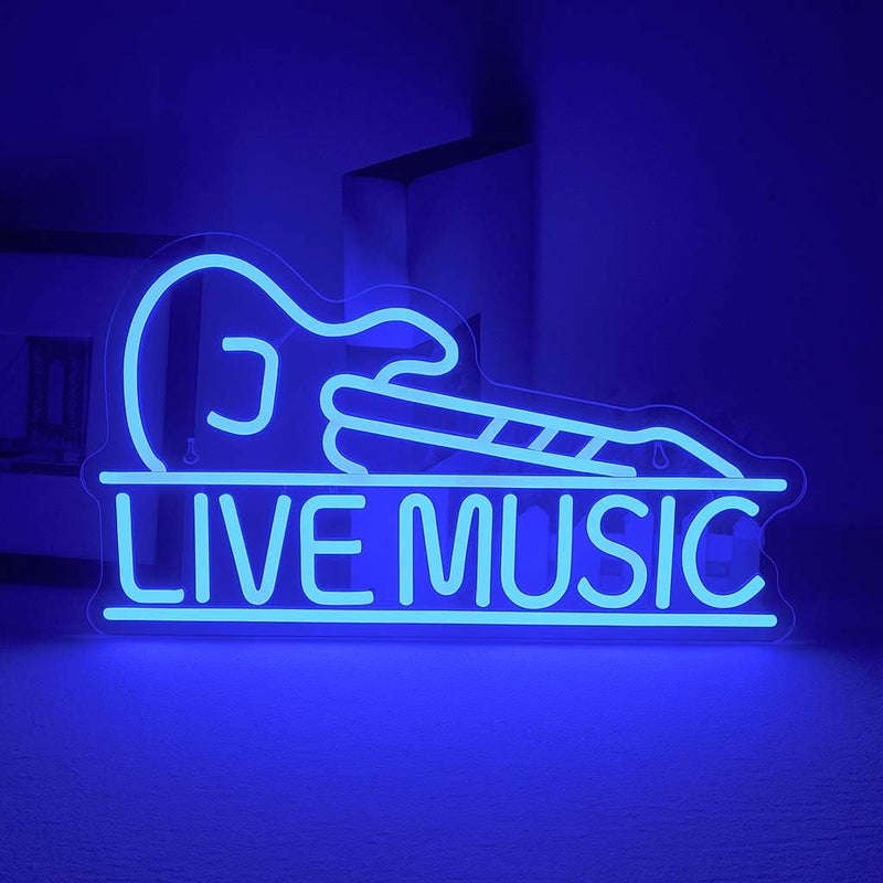 Horoof Home Live Music Neon LED Wall Light with Guitar Design - Blue Acrylic Sign for Bar and Room Decor - Image 1